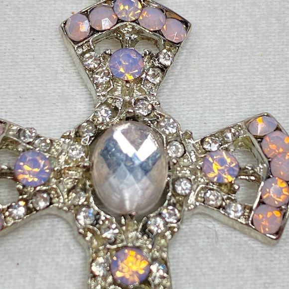 Cross Pendant Opalescent And  Clear Rhinestones Pave Silver Tone Ball Chain - Picture 4 of 10